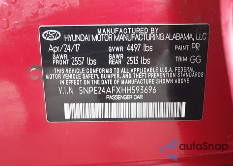 2017 Hyundai Sonata Se z USA, uszkodzony, nr VIN 5NPE24AFXHH593696